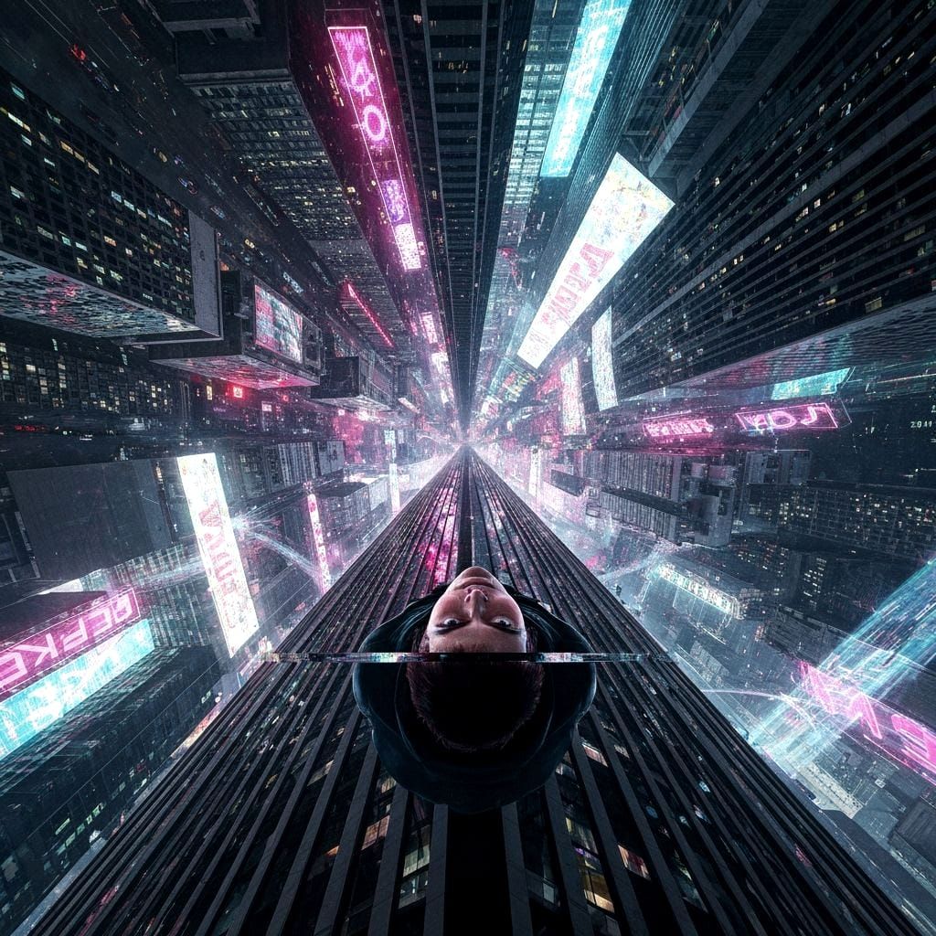 Cyberpunk Hacker's Vertigo View in Glitch Art Style