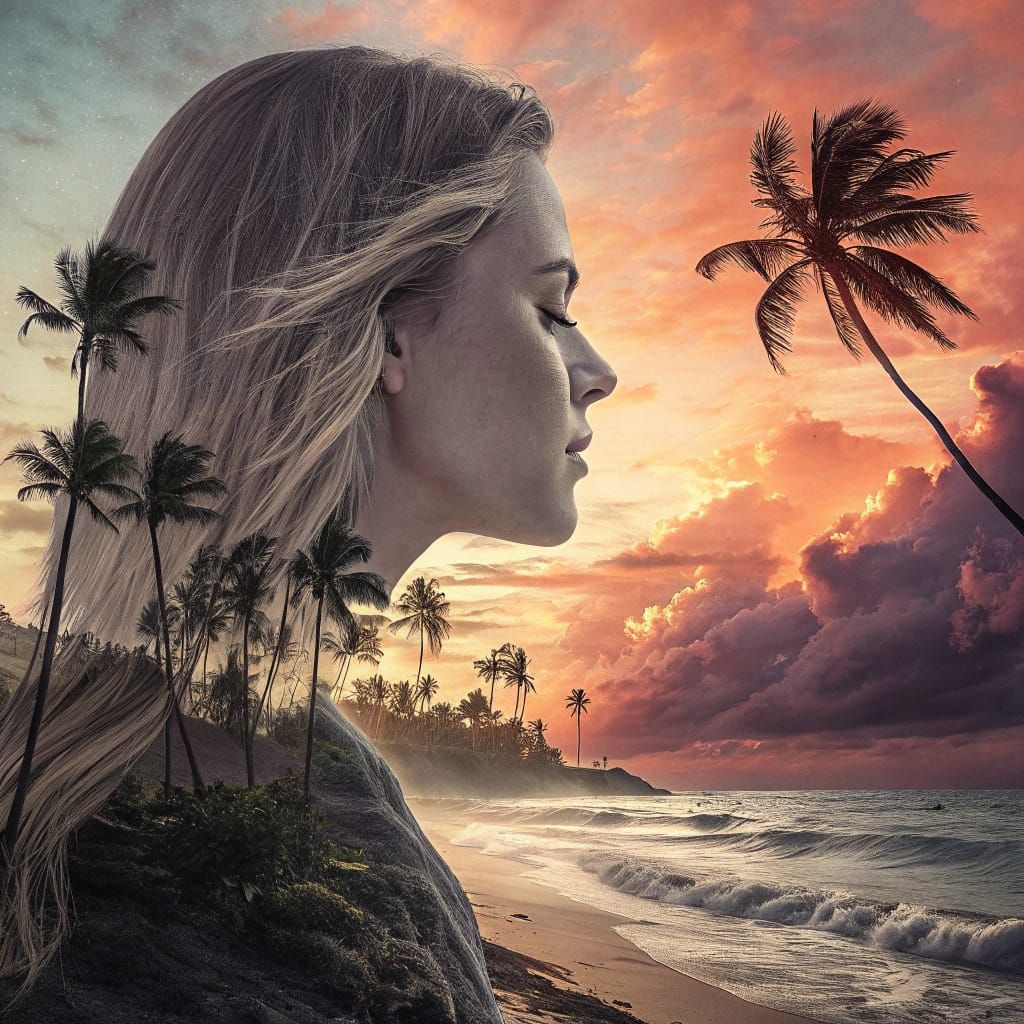 Sunset Beach Double Exposure with Woman's Profile