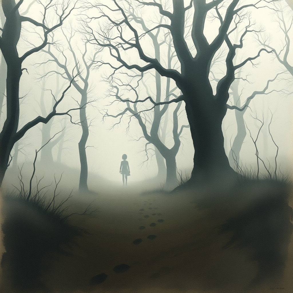 Eerie Forest Landscape with Fading Footprints