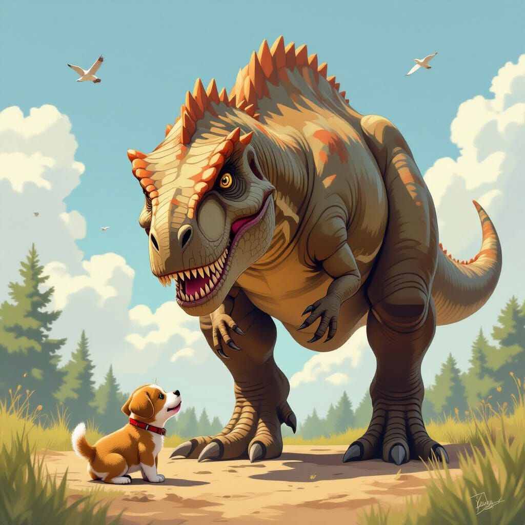T-Rex and Puppy in Whimsical, Dramatic Style