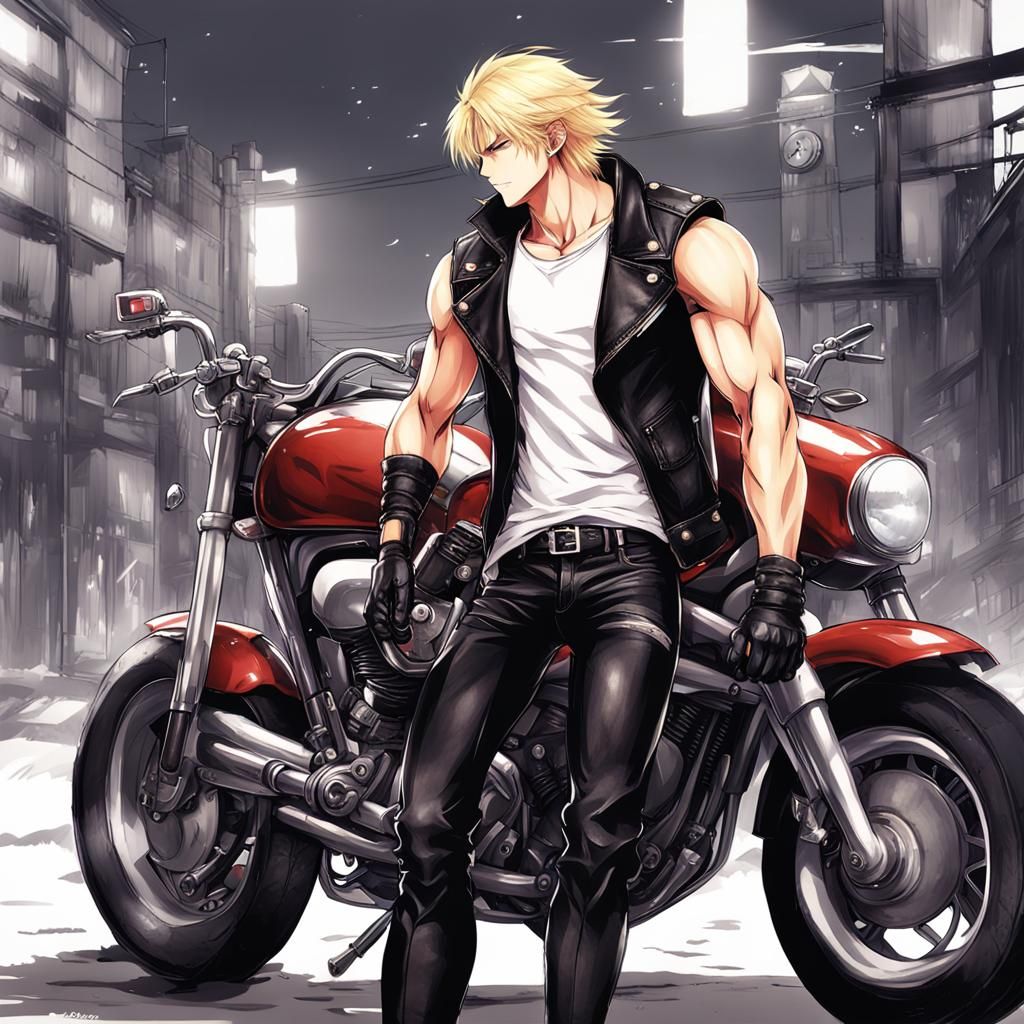 Anime Style Image of a Muscular Biker