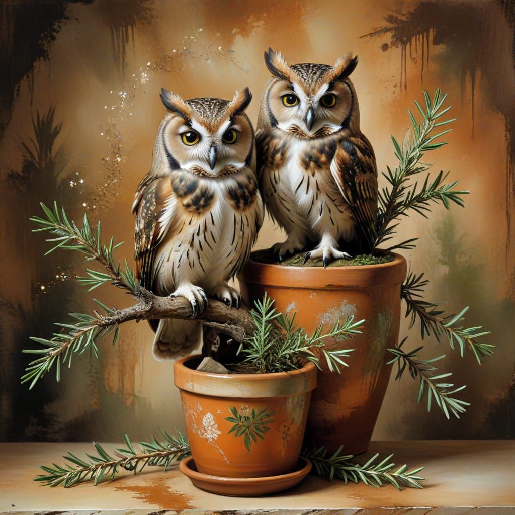 Majestic Owl Perched Above Rosemary Pot in Chinese Ink Style