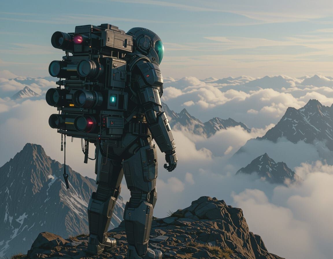 Gigantic Titan Filmmaker on Mountain Peak in Cinematic Style