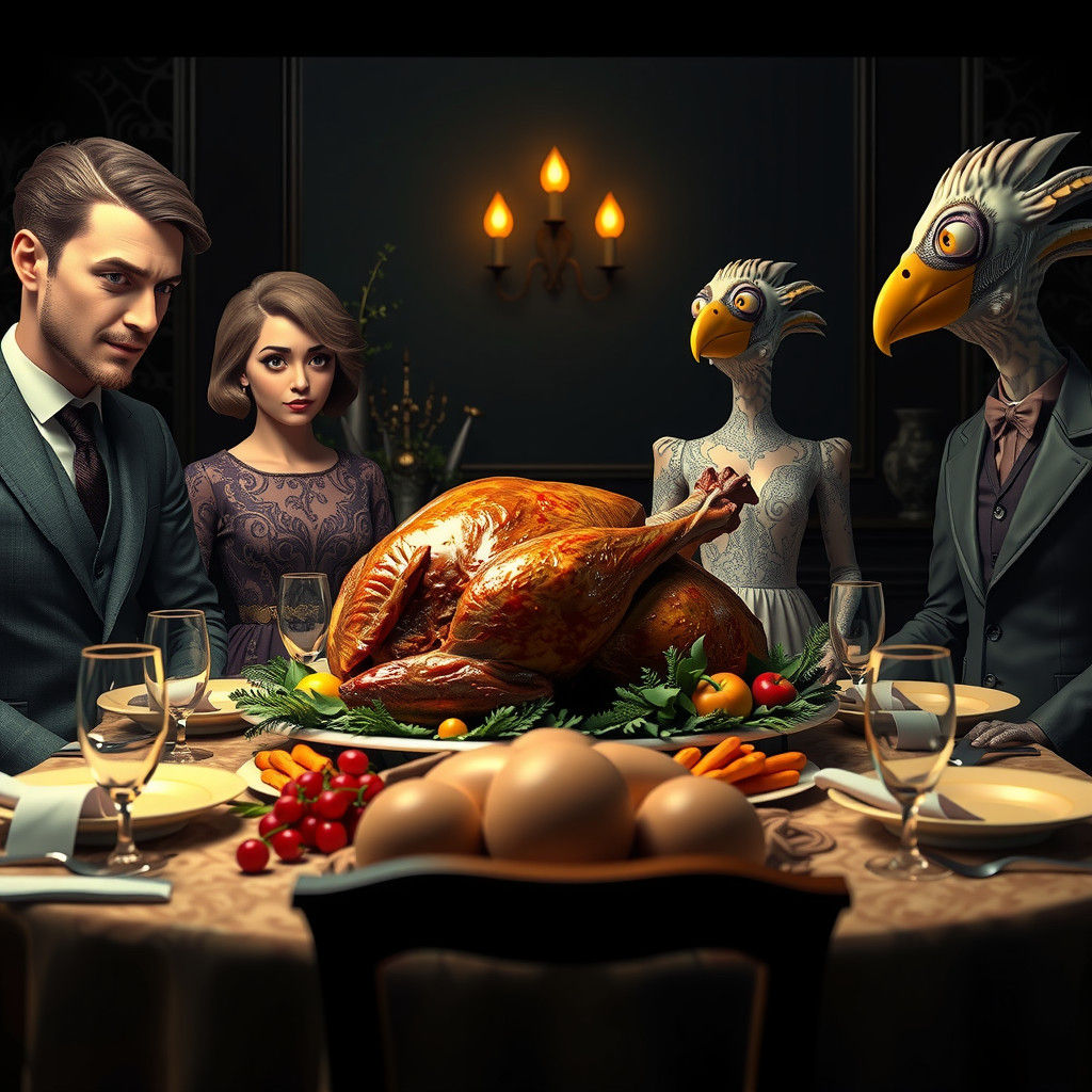 Thanksgiving Dinner with Alien Guests in Dark Fantasy Style