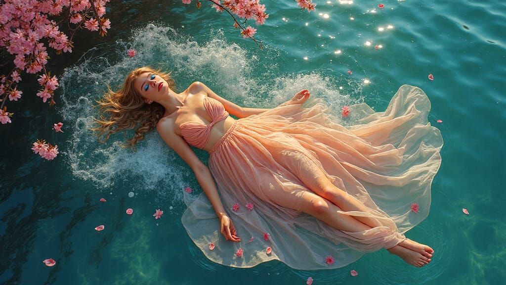 Woman with Bubbles in Sea, Art Nouveau Style