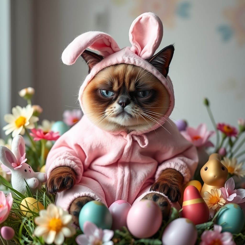 Kawaii Grumpy Cat in Easter Bunny Onesie