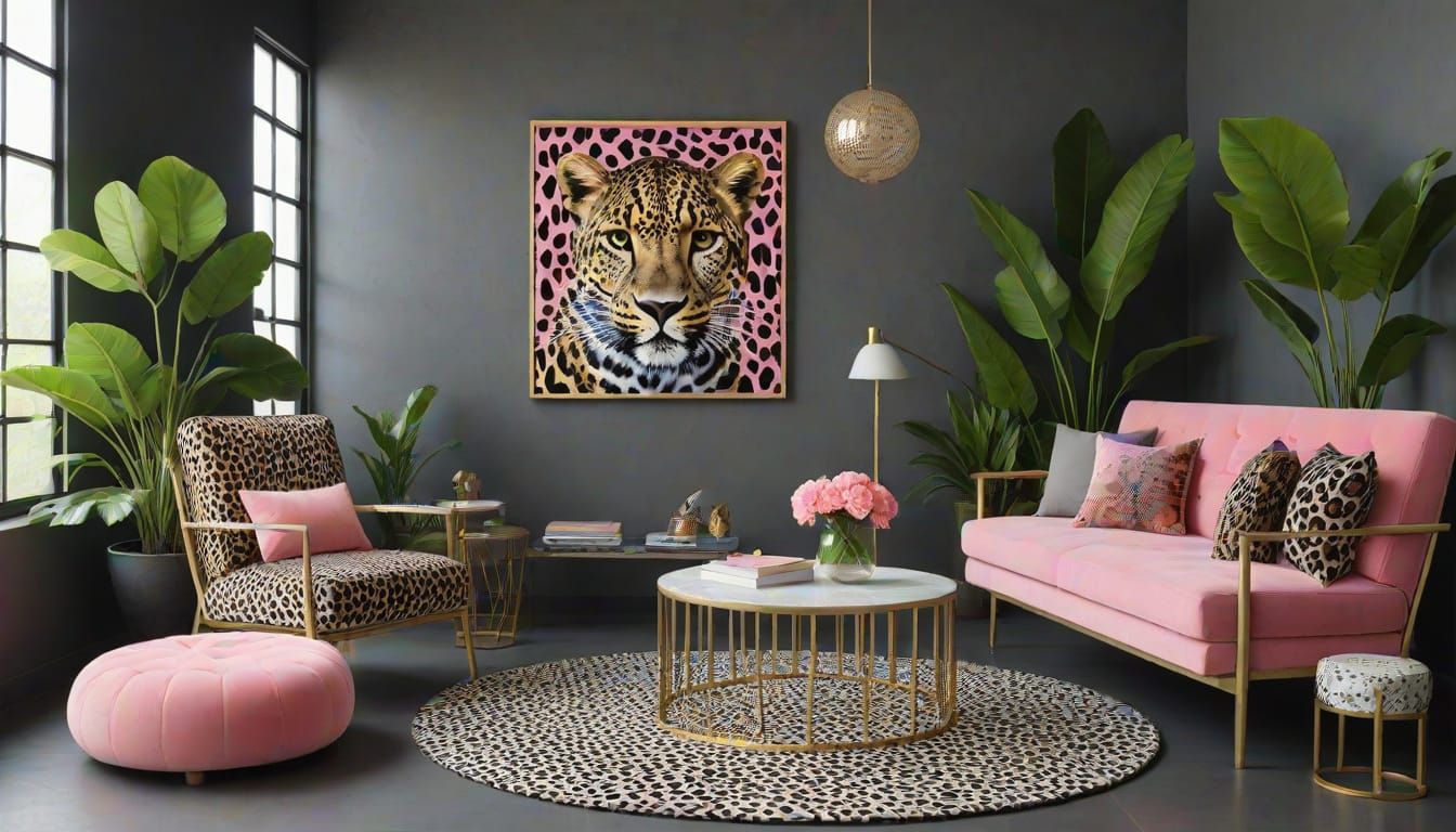Pink Leopard Treehouse in Jungle, Glass Panther Art