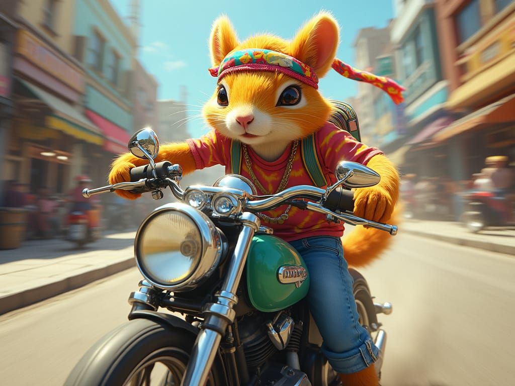 Retro-Futuristic Ground Squirrel Rides Chrome Motorbike