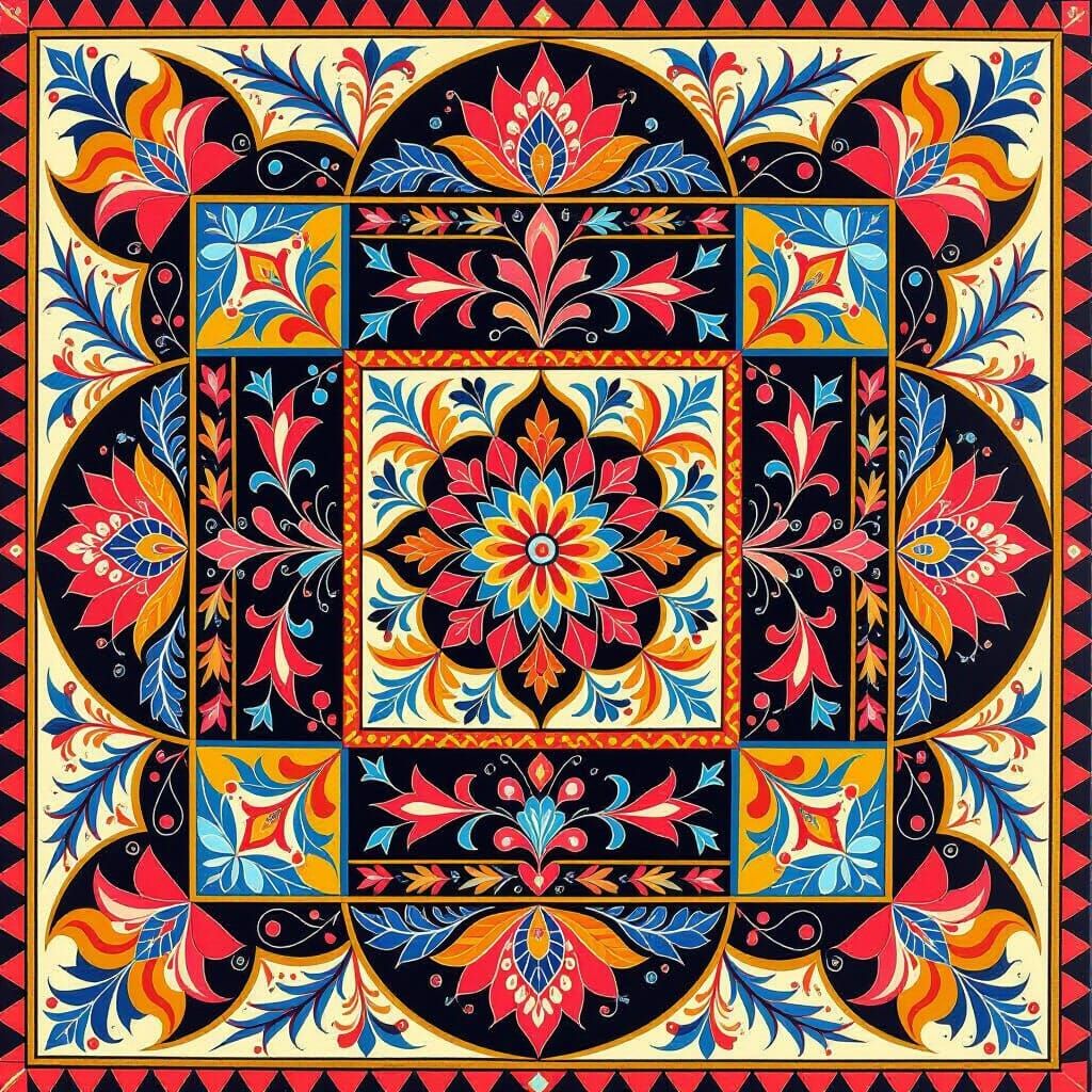 Vibrant Geometric Madhubani Painting