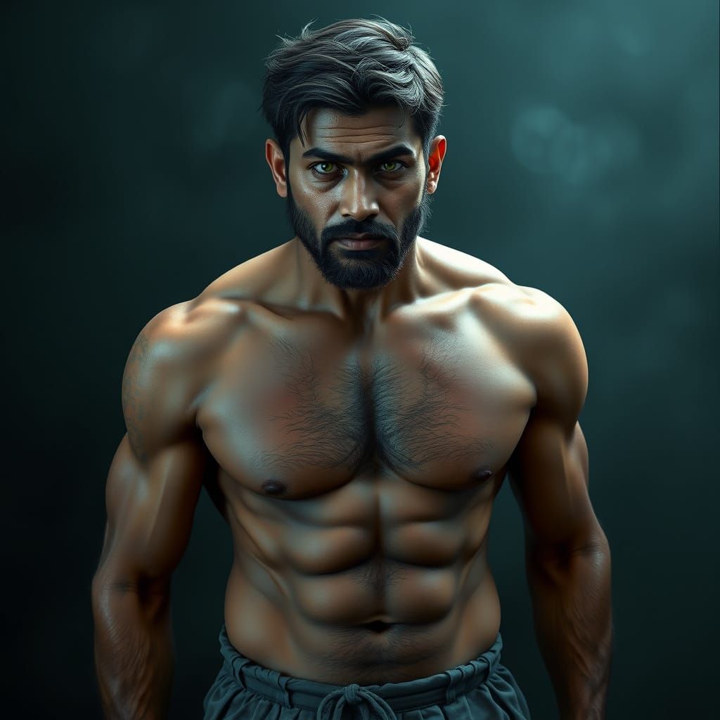 Handsome Indian Man with Hairy Chest, Digital Painting