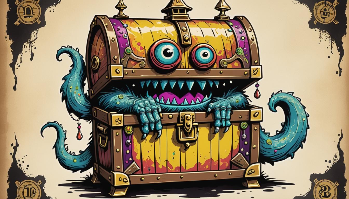 Whimsical Ink Monster Made of Treasure Chest