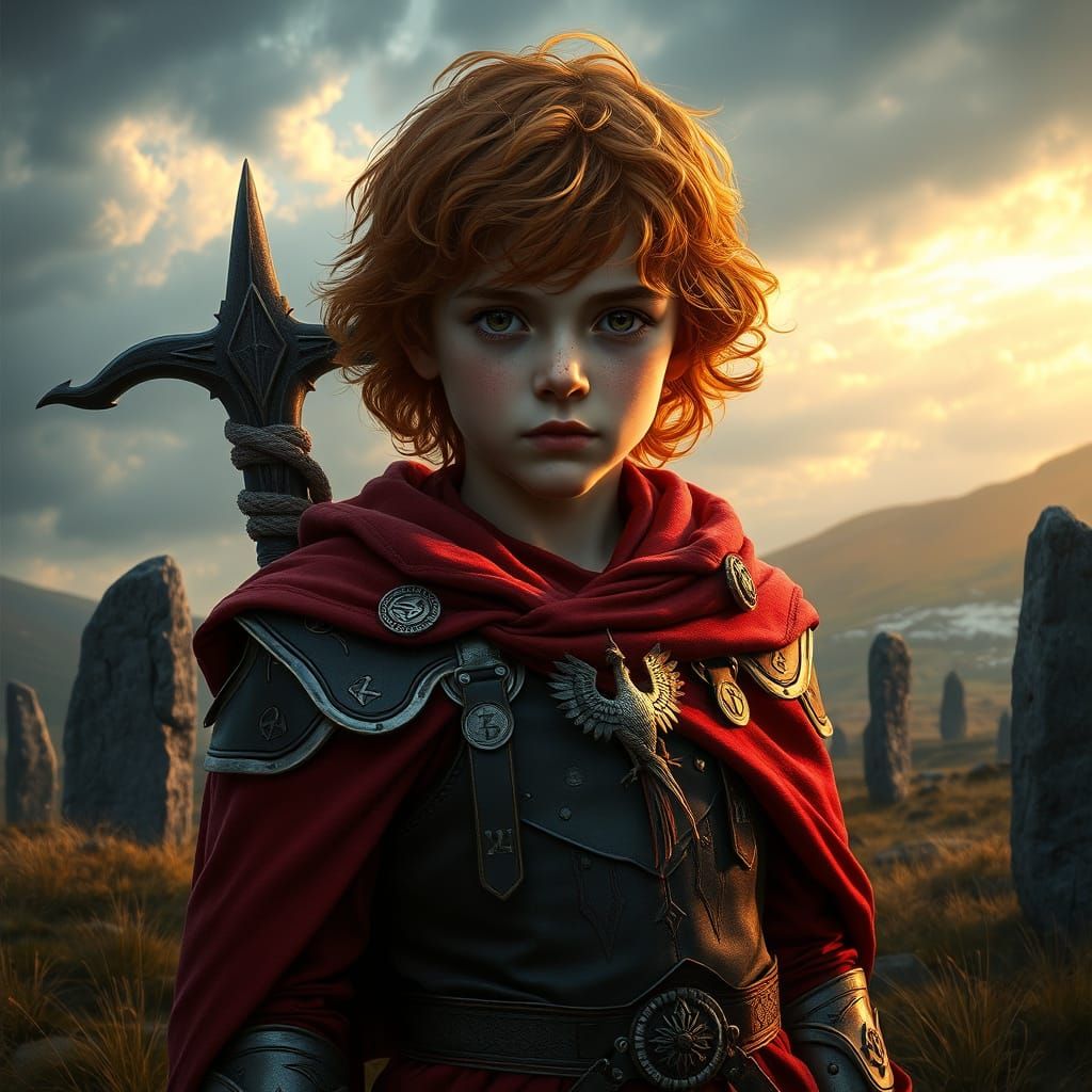 Boy with Magical Staff in Windswept Highland, Dark Fantasy