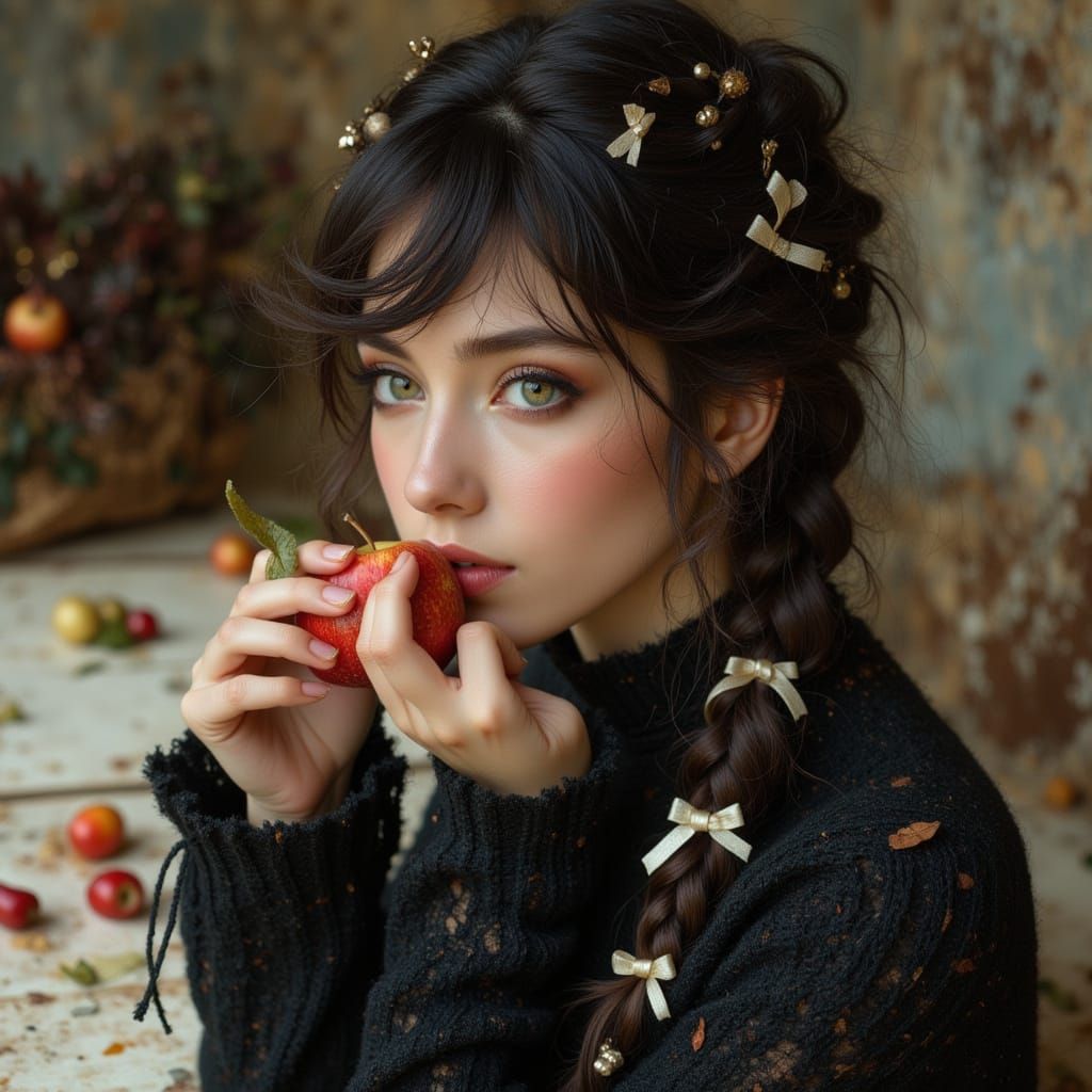 Woman with Braids Eating Apple in Art Nouveau Style