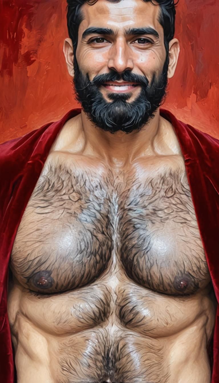 Handsome Hunk in Red Velvet Bathrobe as Impasto Painting