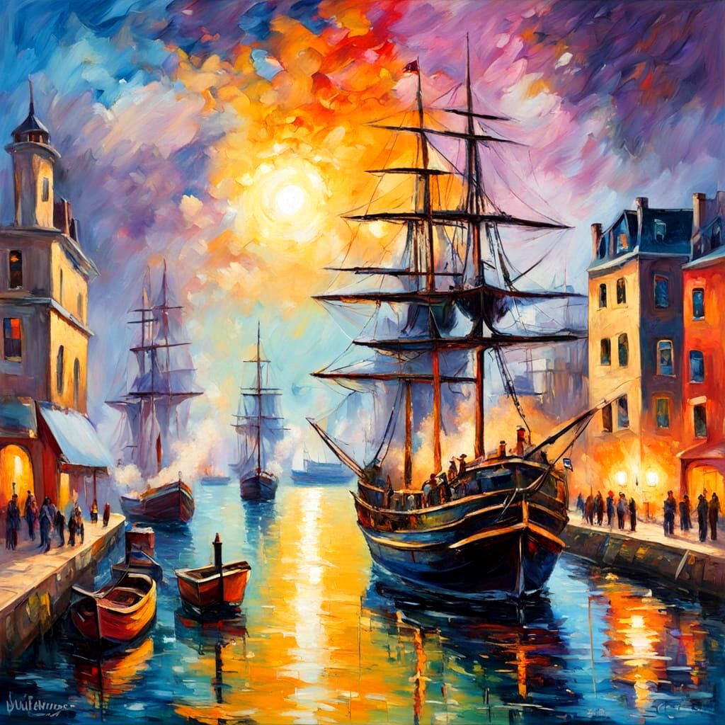 Pirate Ships in Harbour at Sunset