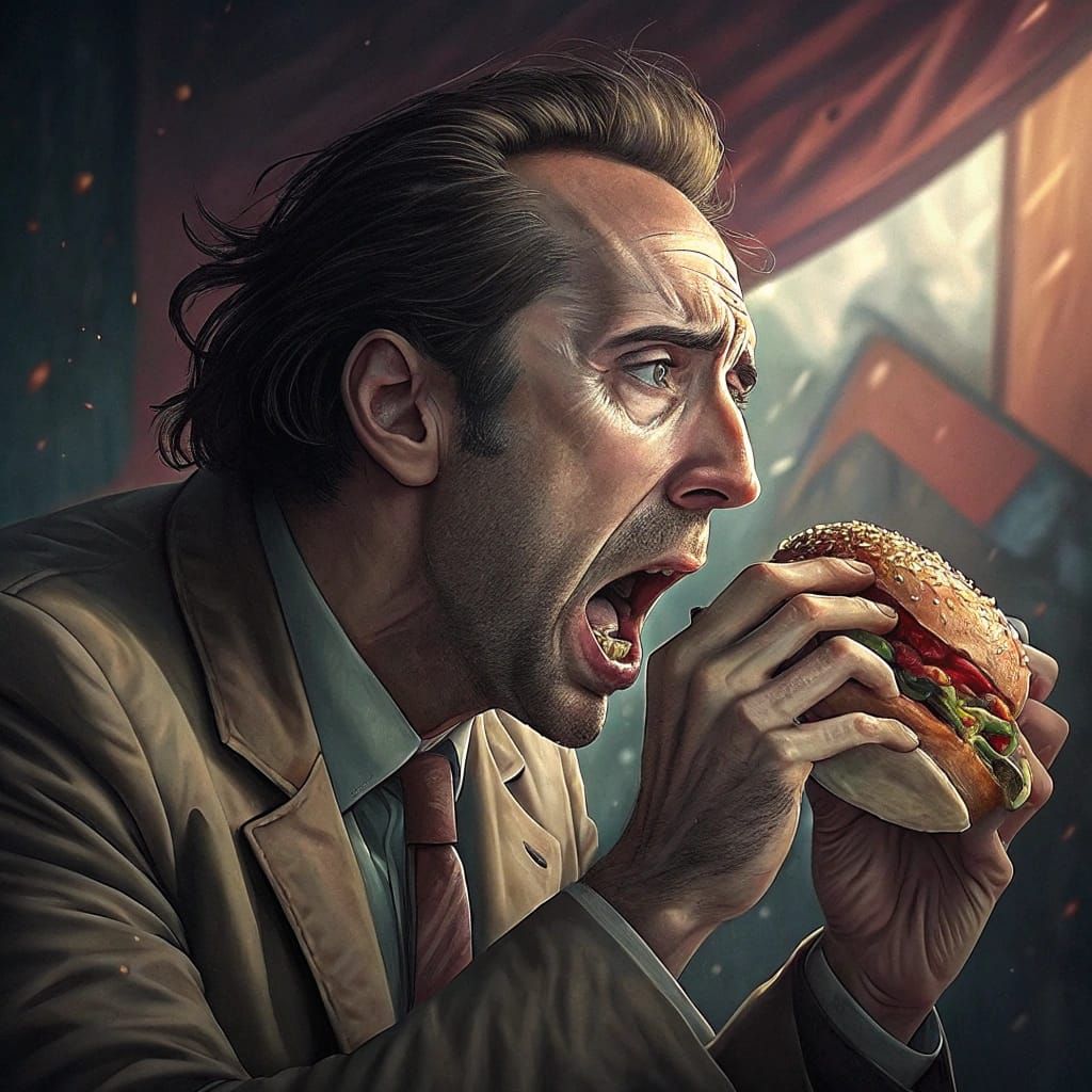 Dramatic Portrait of Man Enjoying Sandwich