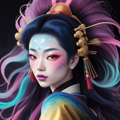 Surreal Geisha Portrait in Vibrant Oil Painting Style