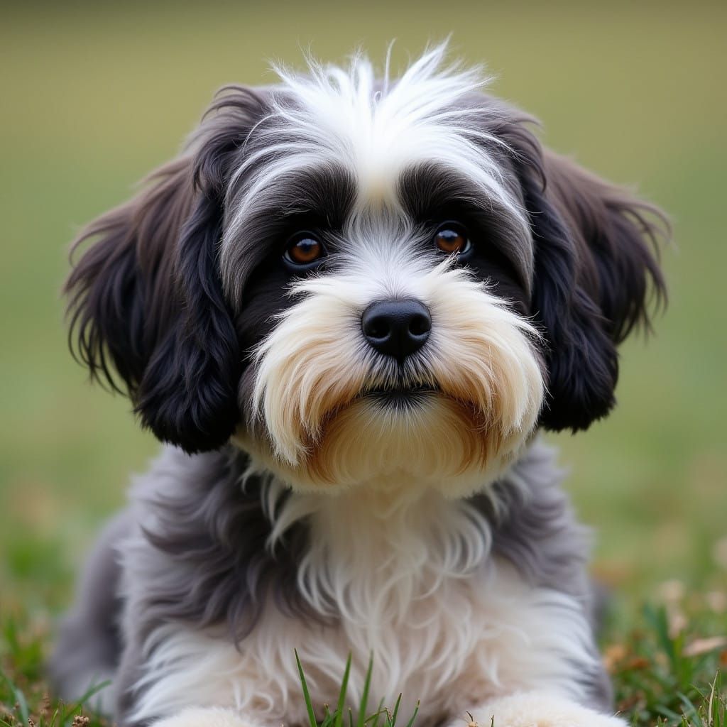 Friendly Black and White Bichon Havanese Puppy in a Green Pa...