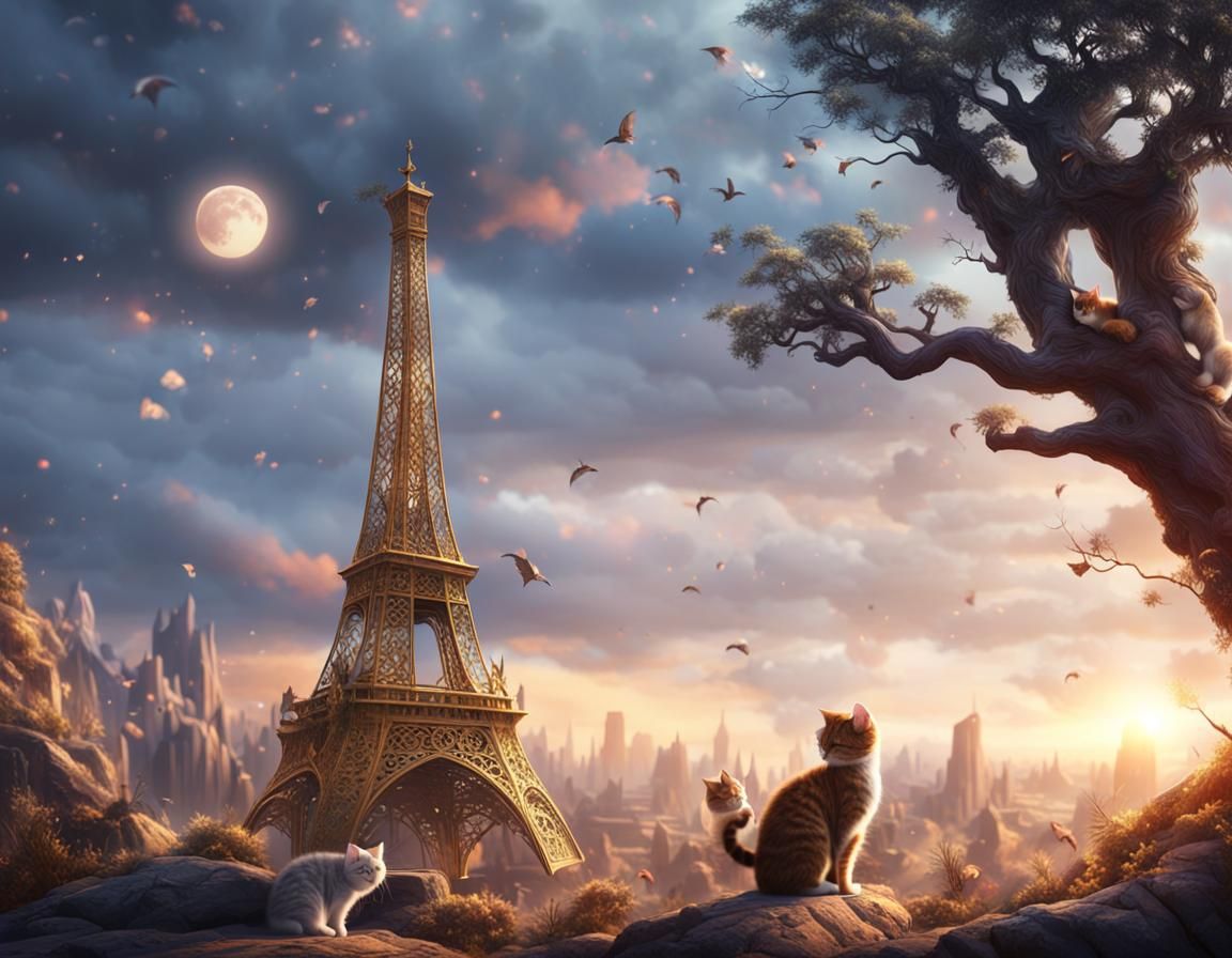 Cute Cats Hugging: Detailed Fantasy Concept Art