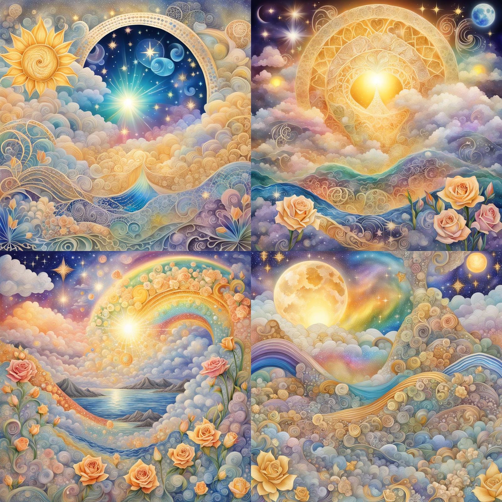 Golden Rainbow Aura with Moon, Crystals and Stars