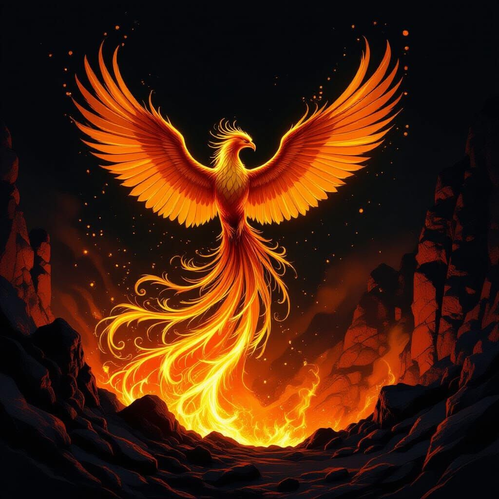 Majestic Phoenix Rises From Volcano in Baroque Style