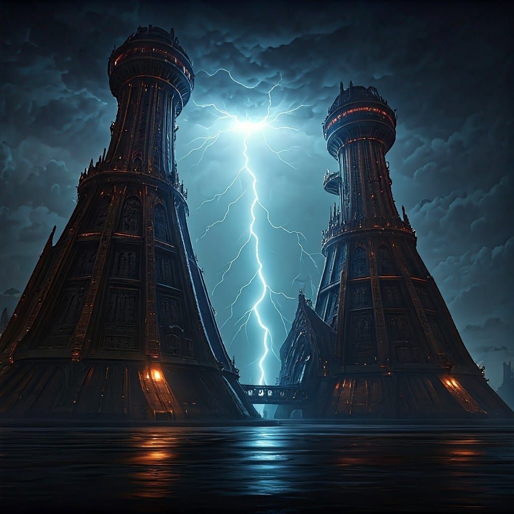 Industrial Energy Factory with Gothic Towers and Lightning