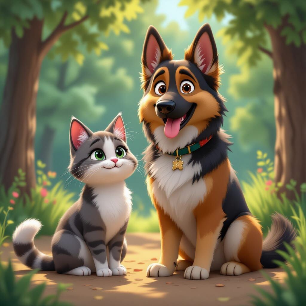 German Shepherd & Cat Friendship in Pixar Style