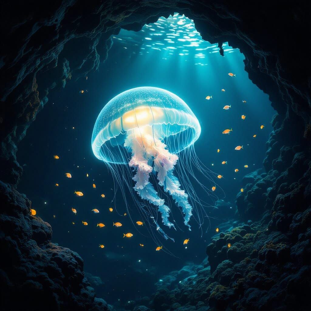 Bioluminescent Jellyfish in Deep-Sea Cave