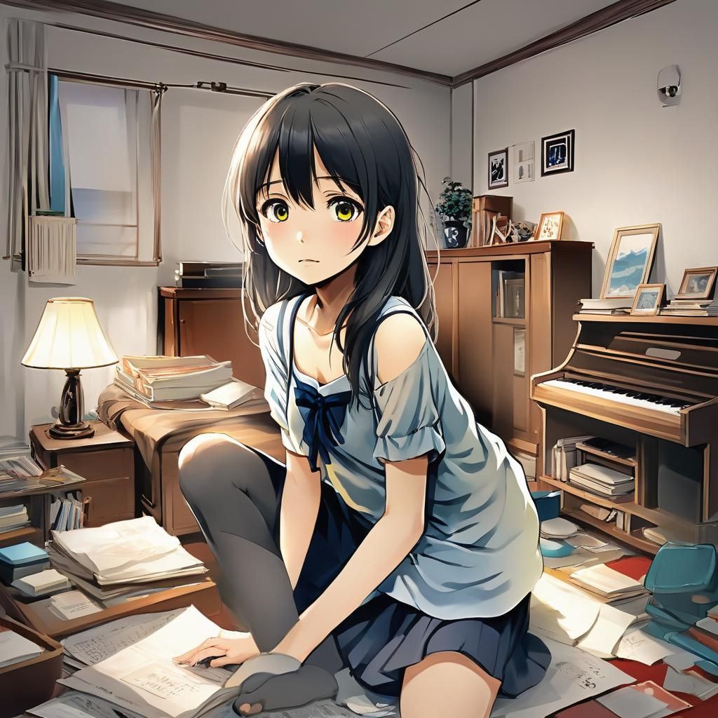Adorable Anime Schoolgirl Relaxing at Home