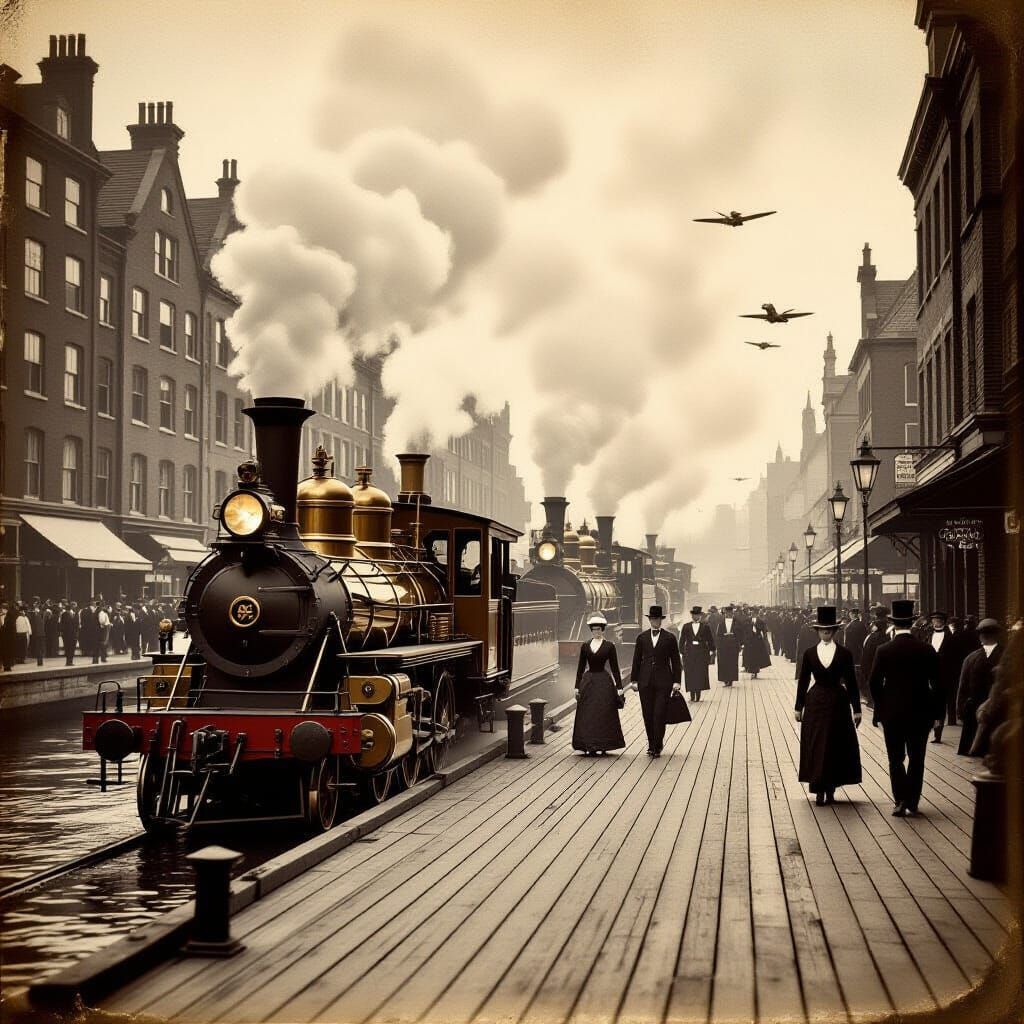 Bustling Steampunk Dock Photograph in Sepia Tone