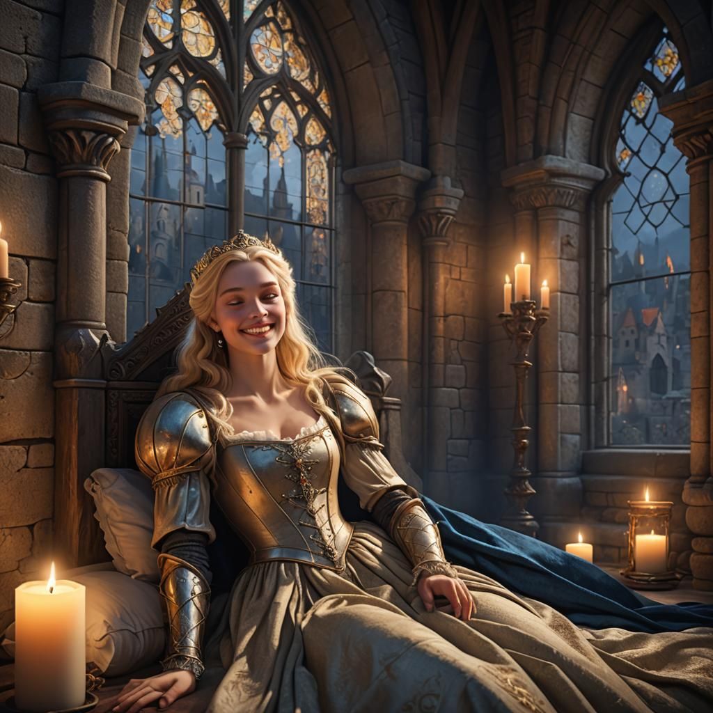 Medieval Princess Sleeping in Castle Bedroom at Night