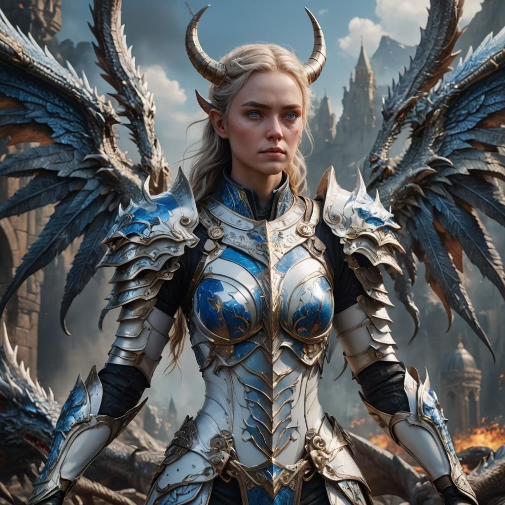 Woman with Dragon Wings and Bull Horns in Armor