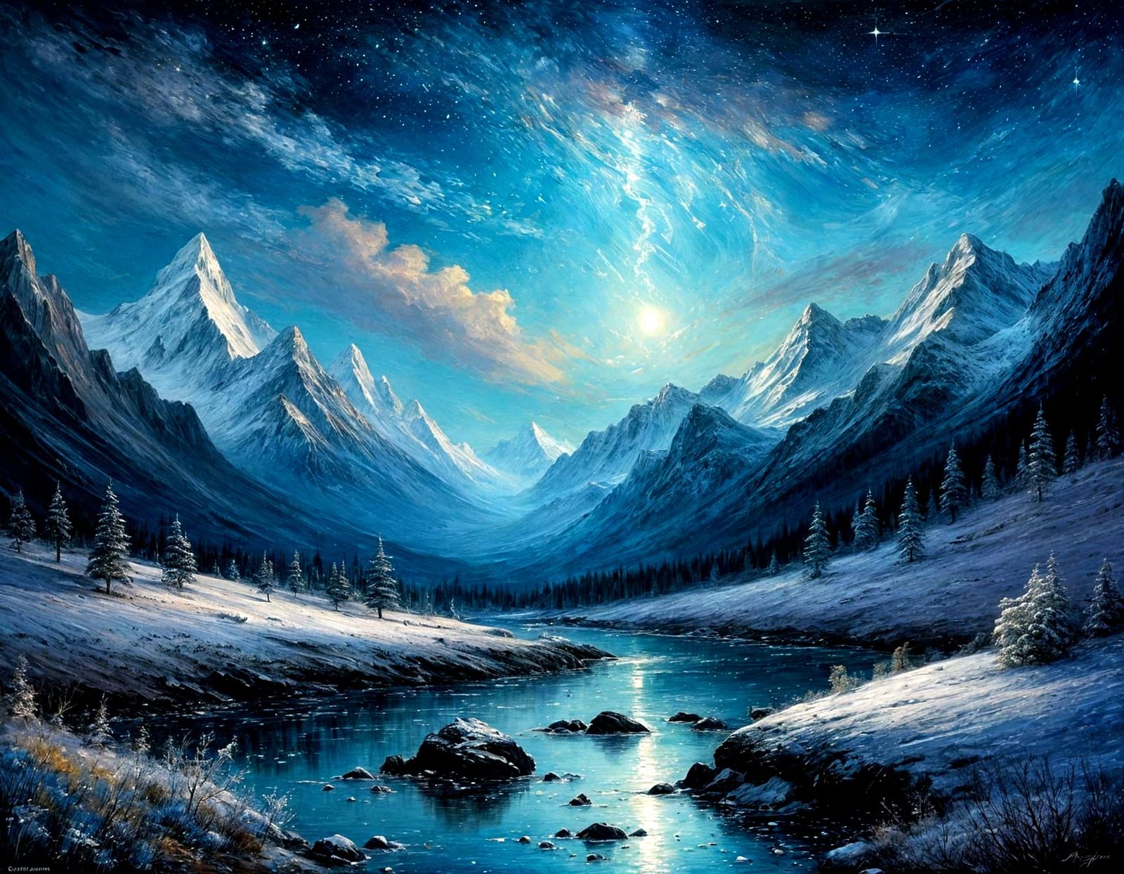 Icy Mountains Under Starscape in Expressionist Style