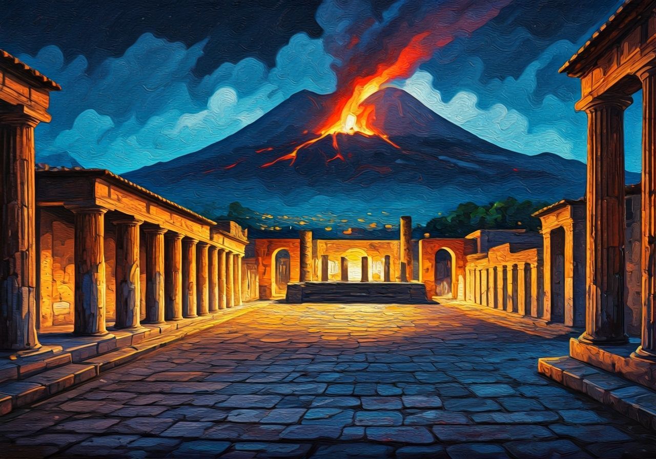 Impasto Impressionist Pompeii at Night with Vesuvius Eruptin...