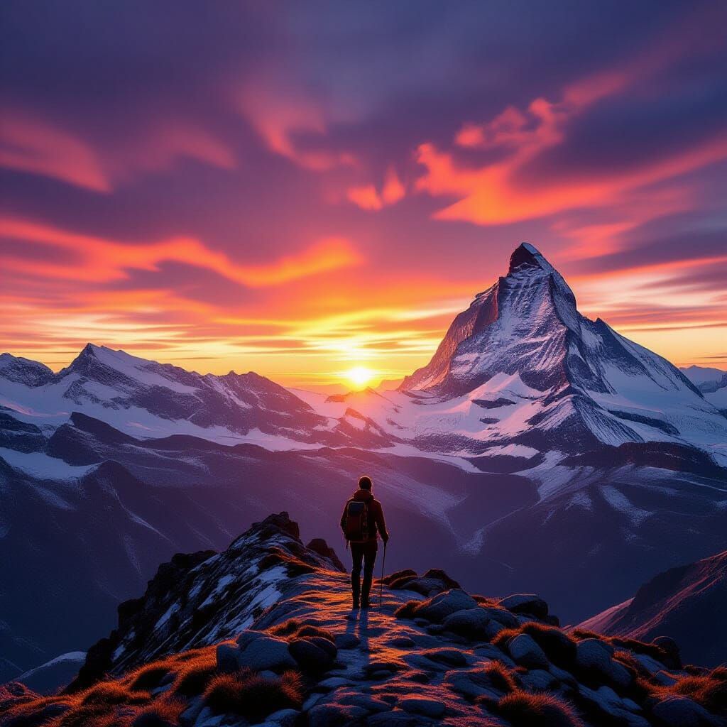 Lone Hiker in Swiss Alps at Fiery Sunset