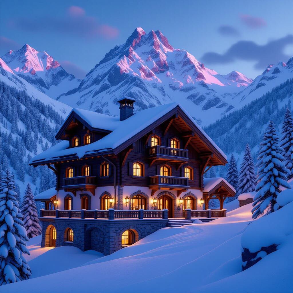 Fantastical Ski Chalet in Swiss Alps at Twilight