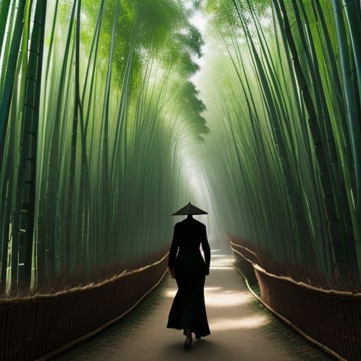 Sun-Dappled Bamboo Forest in Vietnam with Silhouette Figure