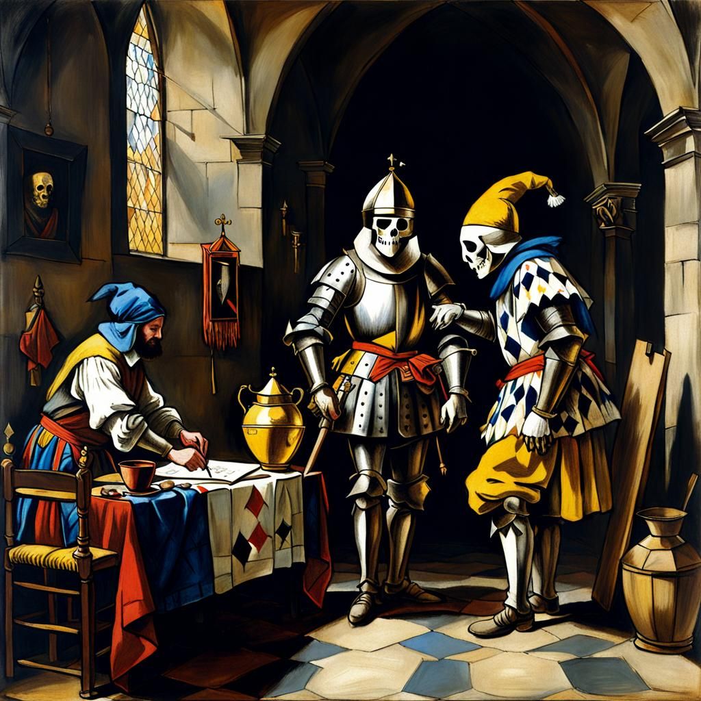 Knight, Jester, and Death in Vermeer Style