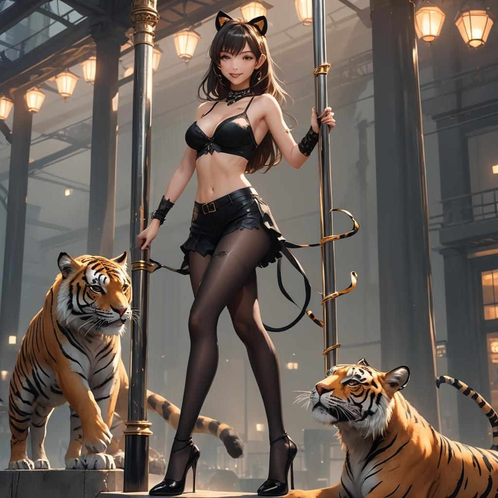 Anime Ringmaster with Tiger in Neon Spotlight