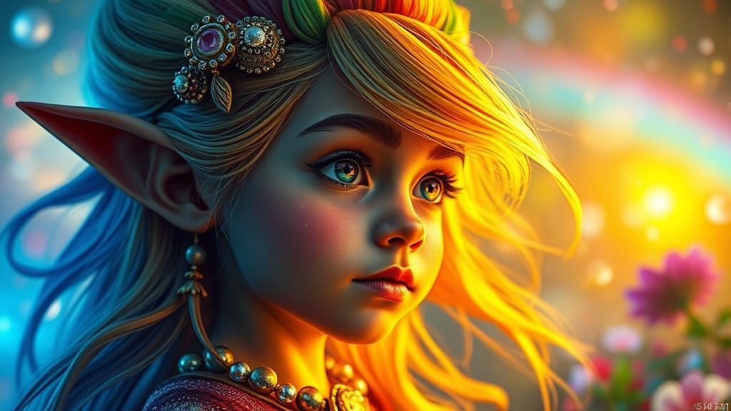 Cosmic Superheroine in Rainbow Garden, Hyperrealistic Art