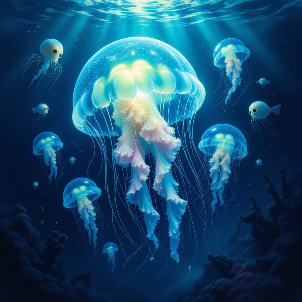 Bioluminescent Jellyfish in Surreal Deep Sea Oil Painting