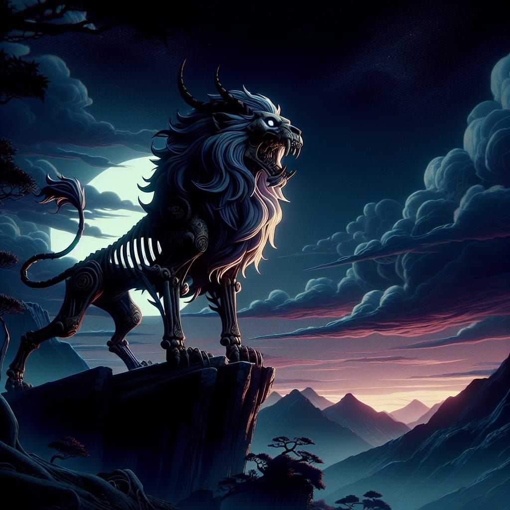 Skeletal Lion Bellowing in Twilight, Ukiyo-e Style