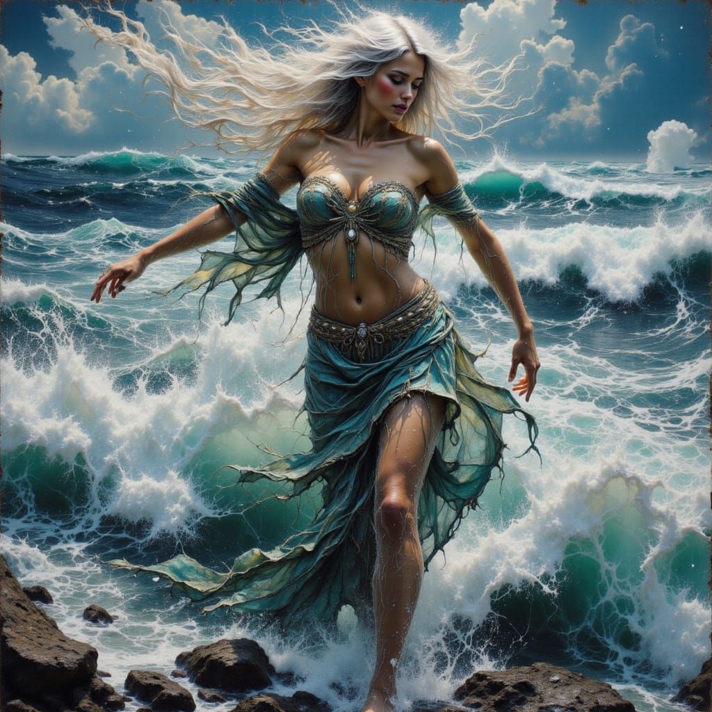 a middle-aged woman dances on the ocean