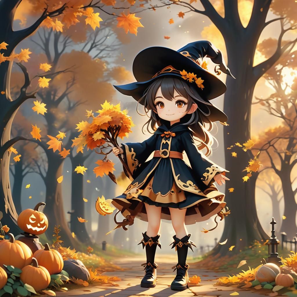 Chibi Witch in Autumn Park: 3D Anime Art