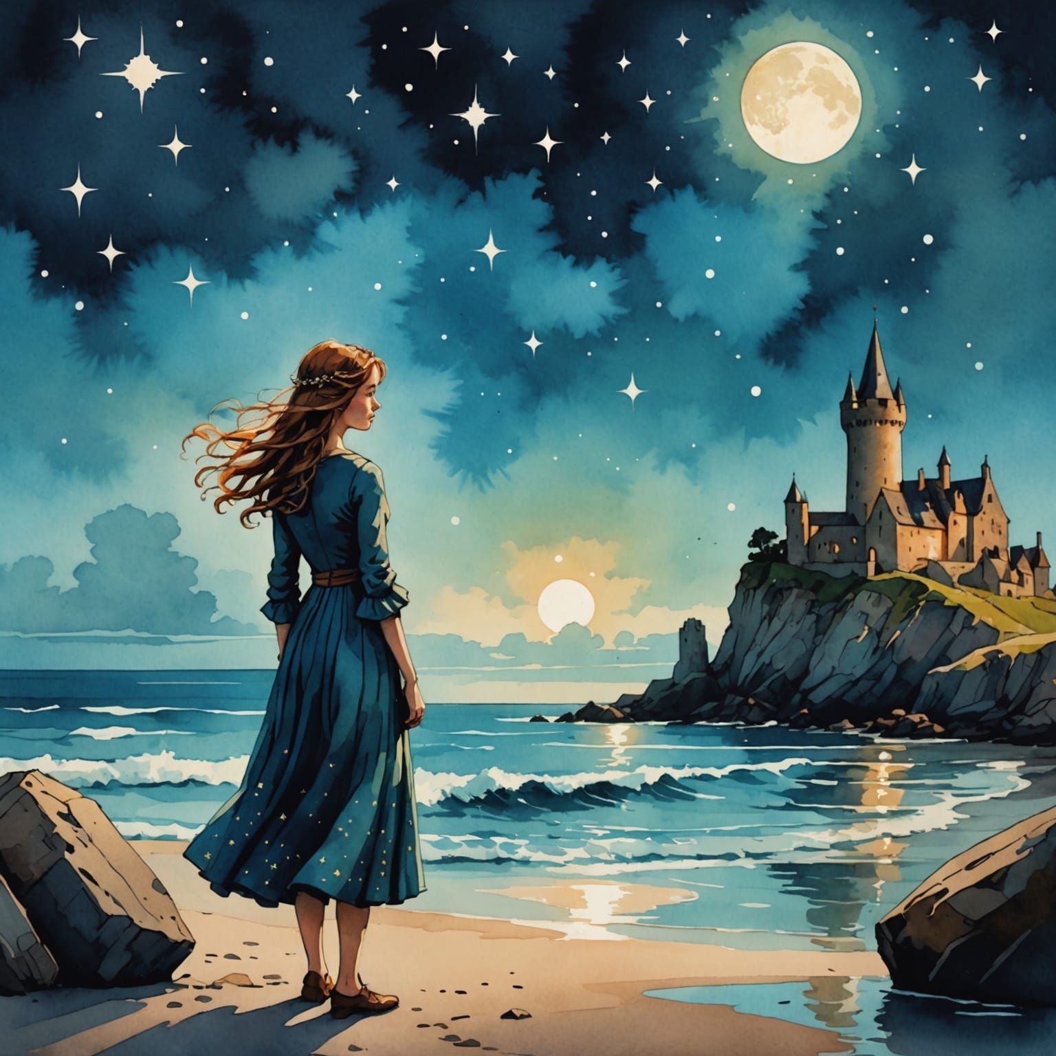 Medieval Seashore with Stars in Chiaroscuro Style