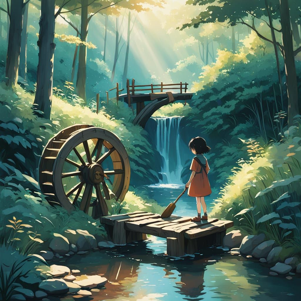Child Plays with Handmade Waterwheel in Serene Forest Stream