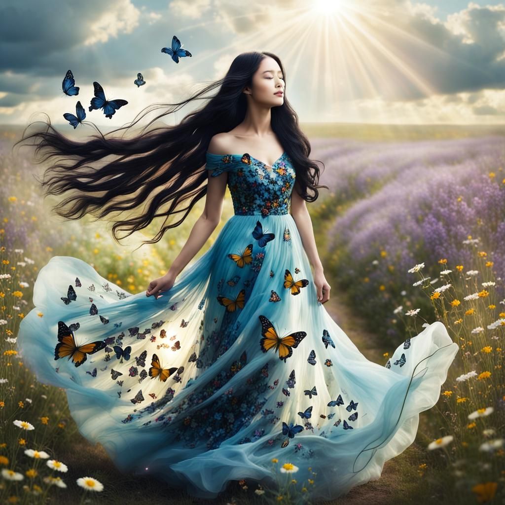Woman in Butterfly Dress in Wildflower Field
