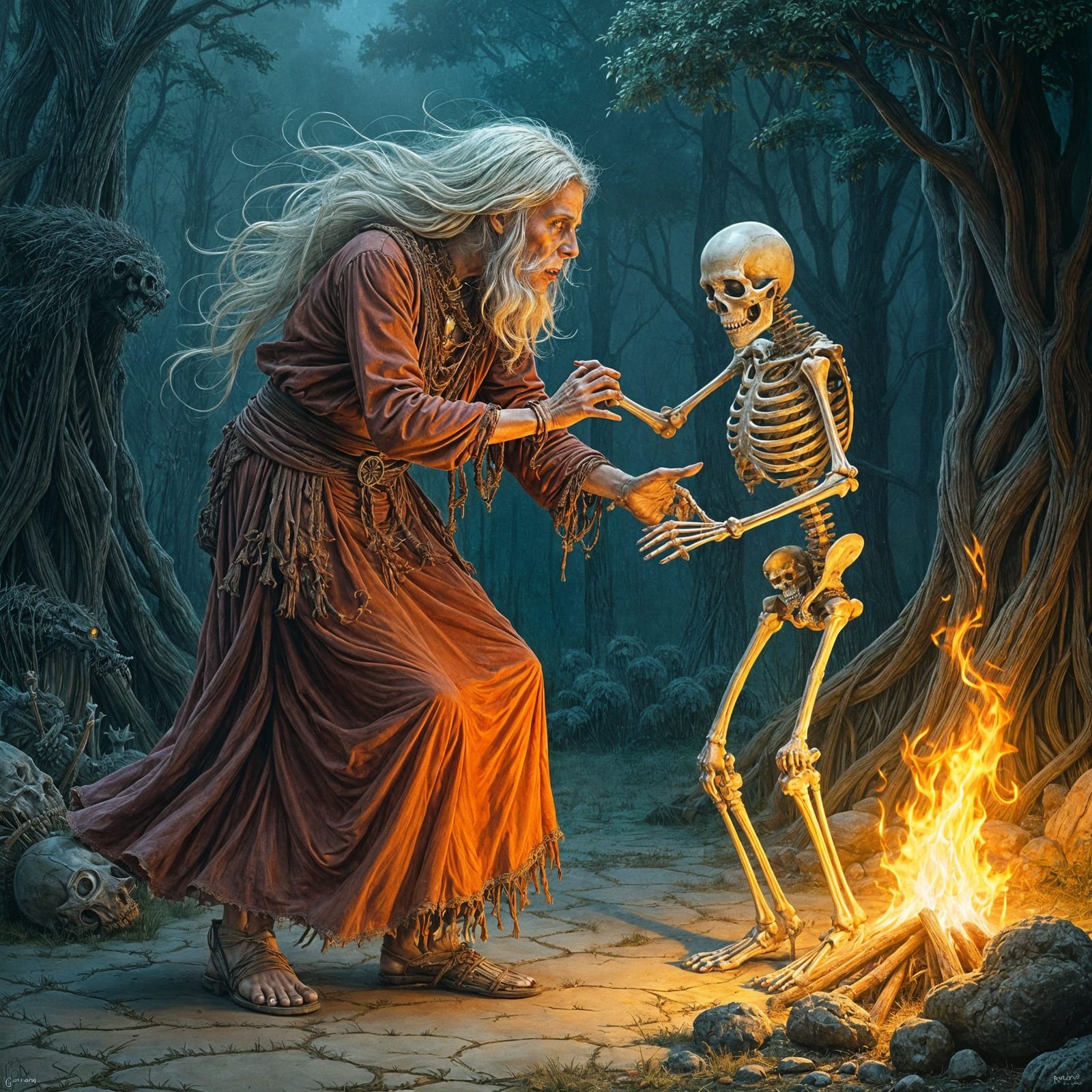 Hag Dancing with Skeleton in Fantasy Illustration