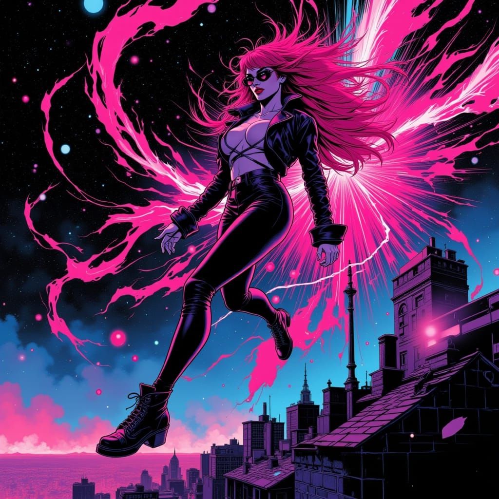 Midnight Vesper Leaps in Psychedelic Comic Panel