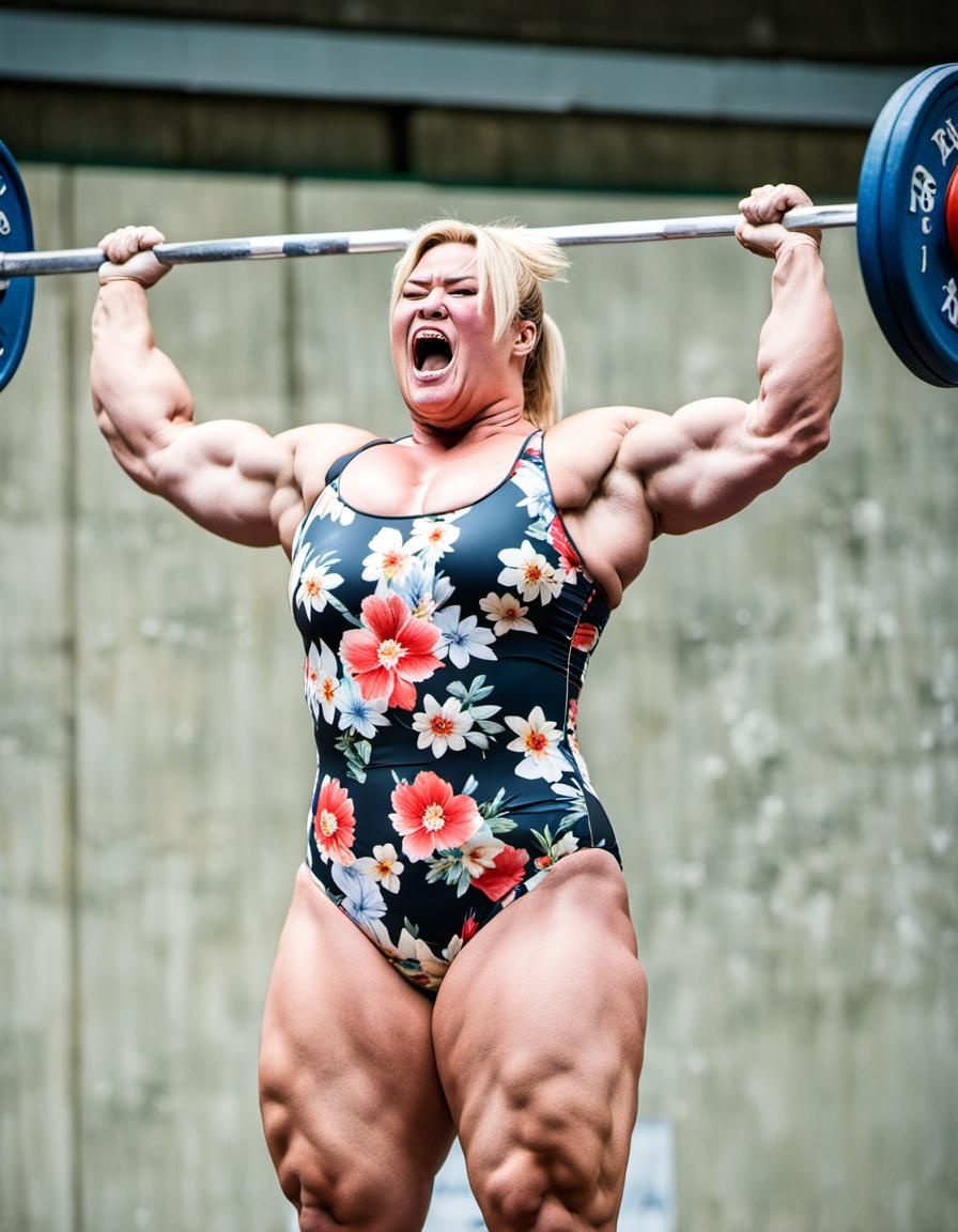 Empowered Japanese Weightlifter in Floral Swimsuit, Muscular...